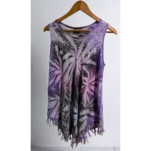 Olive Free Size Tie Dye Boho Tunic Dress Rayon India Purple Fringe Hem